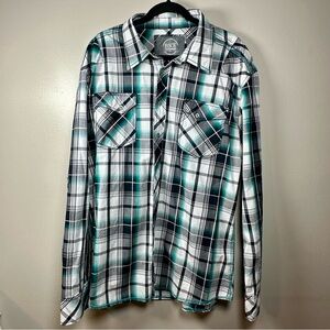 BKE Athletic Fit Plaid Button Down Shirt XXL Teal Black White